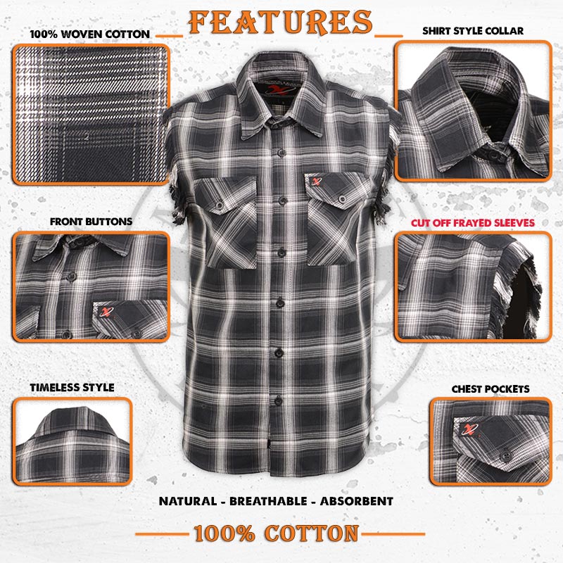 MILWAUKEE LEATHER SLEEVELESS BLK/WHT FRAYED FLANNEL SHIRT - The Speed Shop Canada