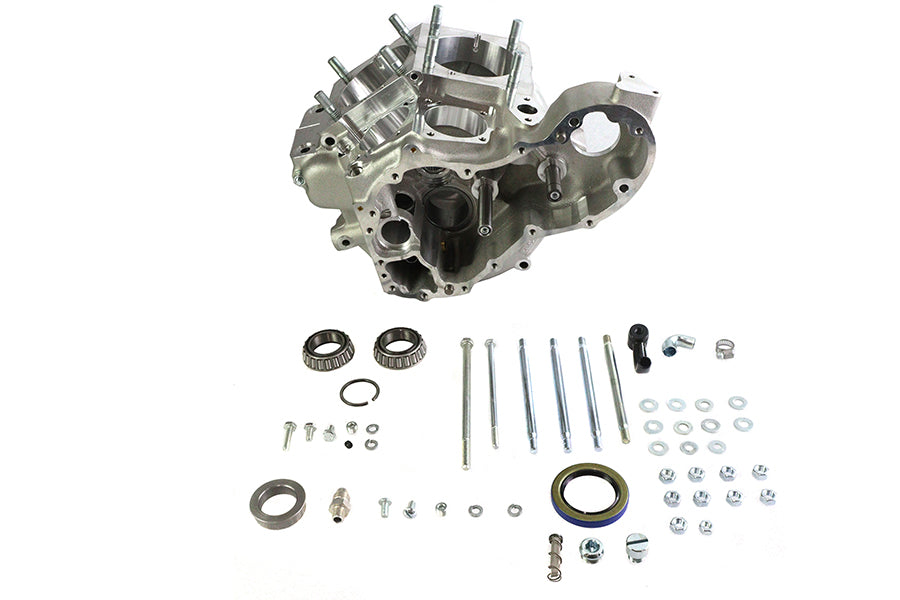 S&S Cycle 31-0008 stock bore engine crankcase set, black crankcase components displayed from above