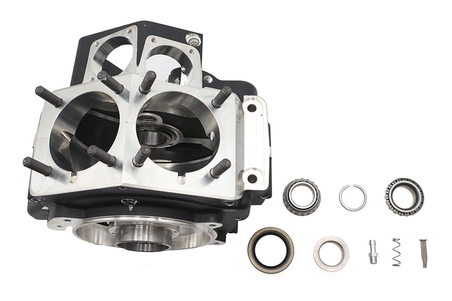 Ultima 206-29 Shovelhead engine case set in black, shown from a side angle