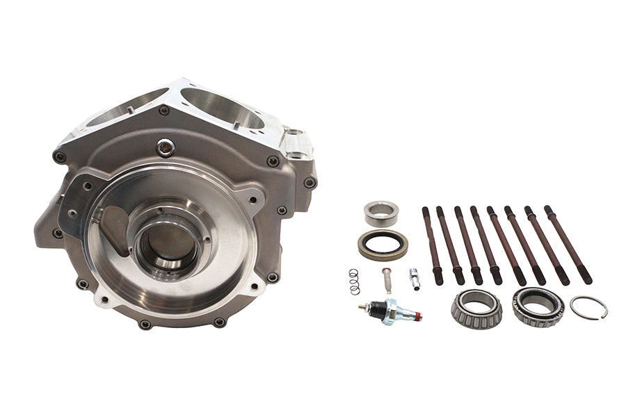 Ultima 206-50 Evolution engine case set in natural finish, shown from the front and side