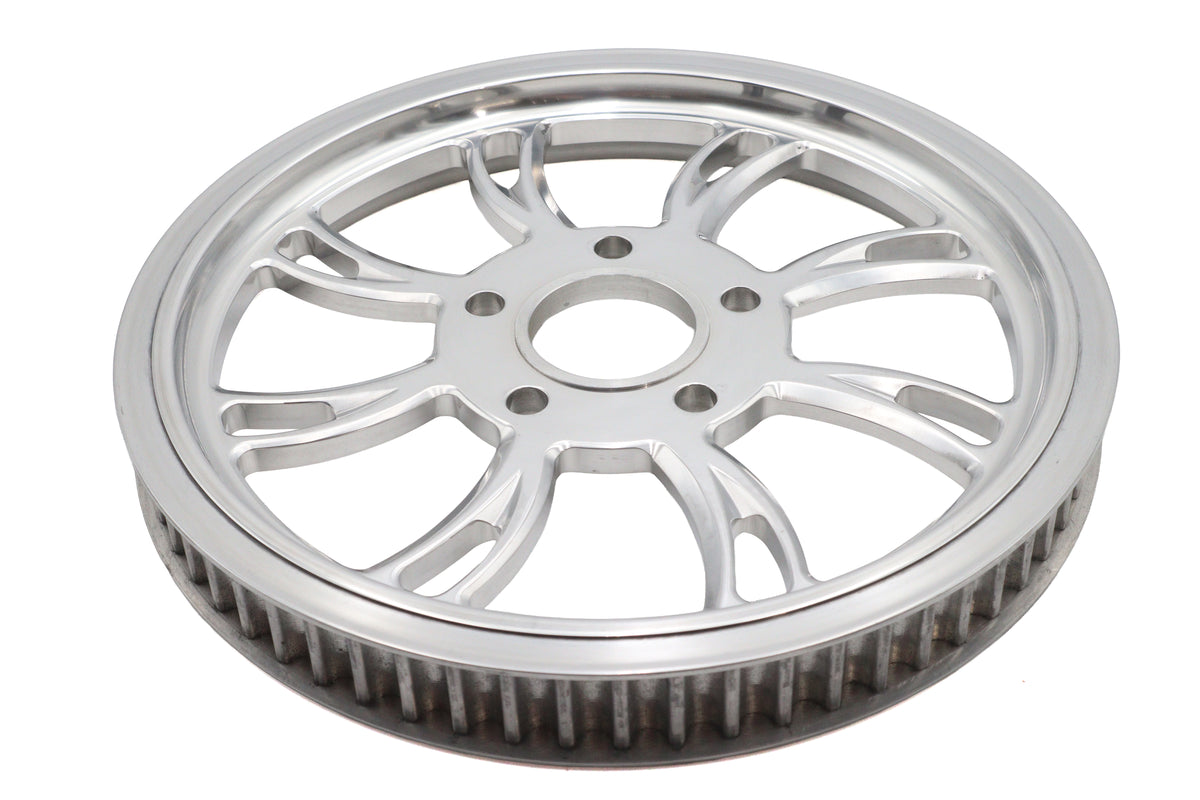 Ultima Vortex rear drive pulley, 65-tooth polished finish, shown from side angle