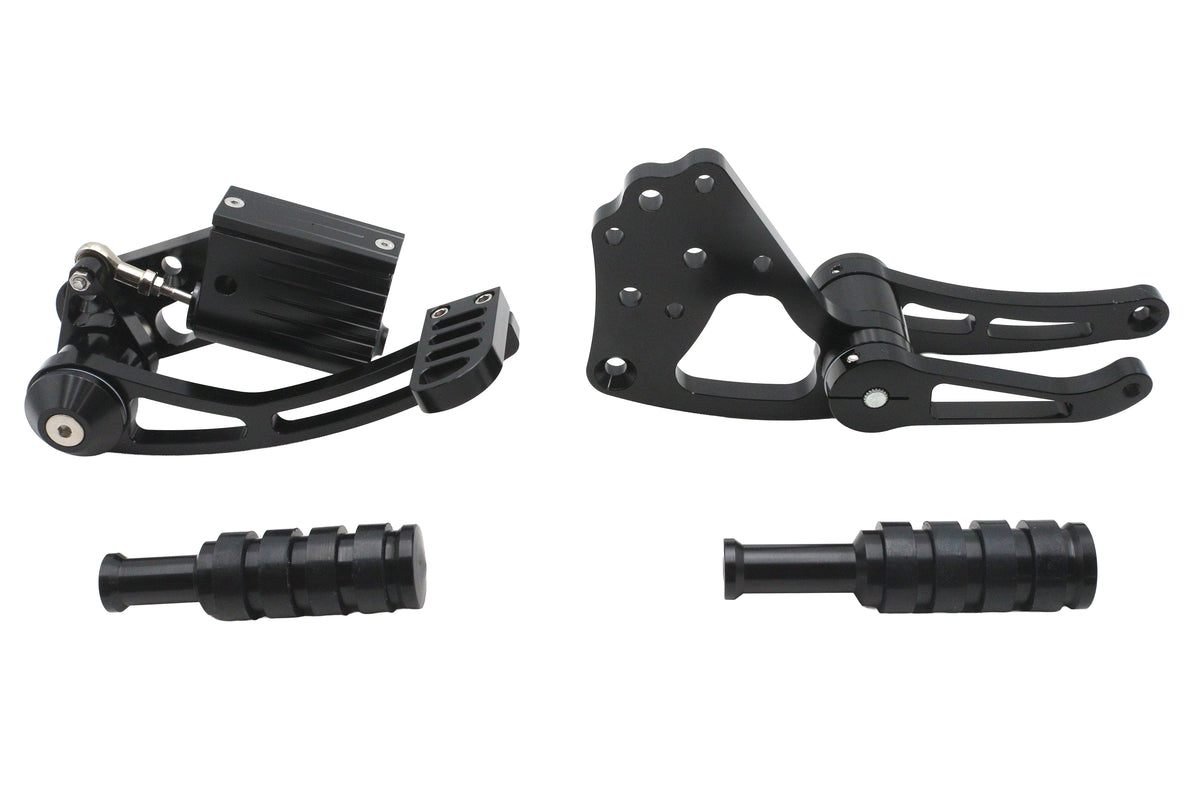 Ultima 47-441 billet forward control kit in black, side view of motorcycle foot controls