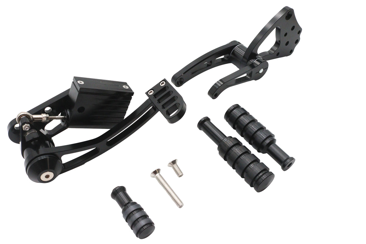Ultima black billet forward control kit, model 47-541, shown from the side