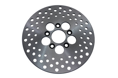 Edelbrock R47004 10-inch drilled front or rear brake disc, silver automotive rotor outfit against white background