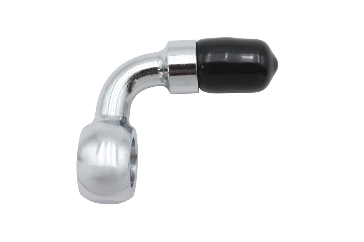 Edelbrock R4051C 90-degree brake hose adapter fitting in silver metal finish