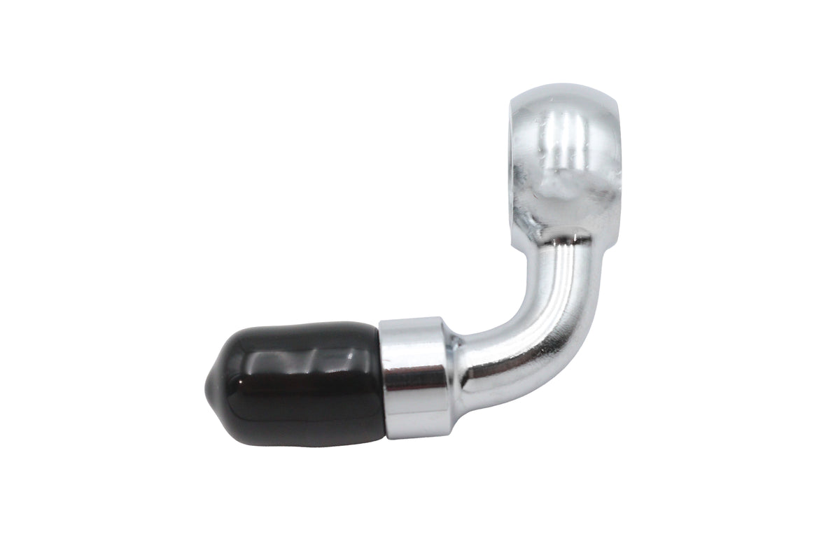 Edelbrock R4051C 90-degree brake hose adapter fitting on a white background