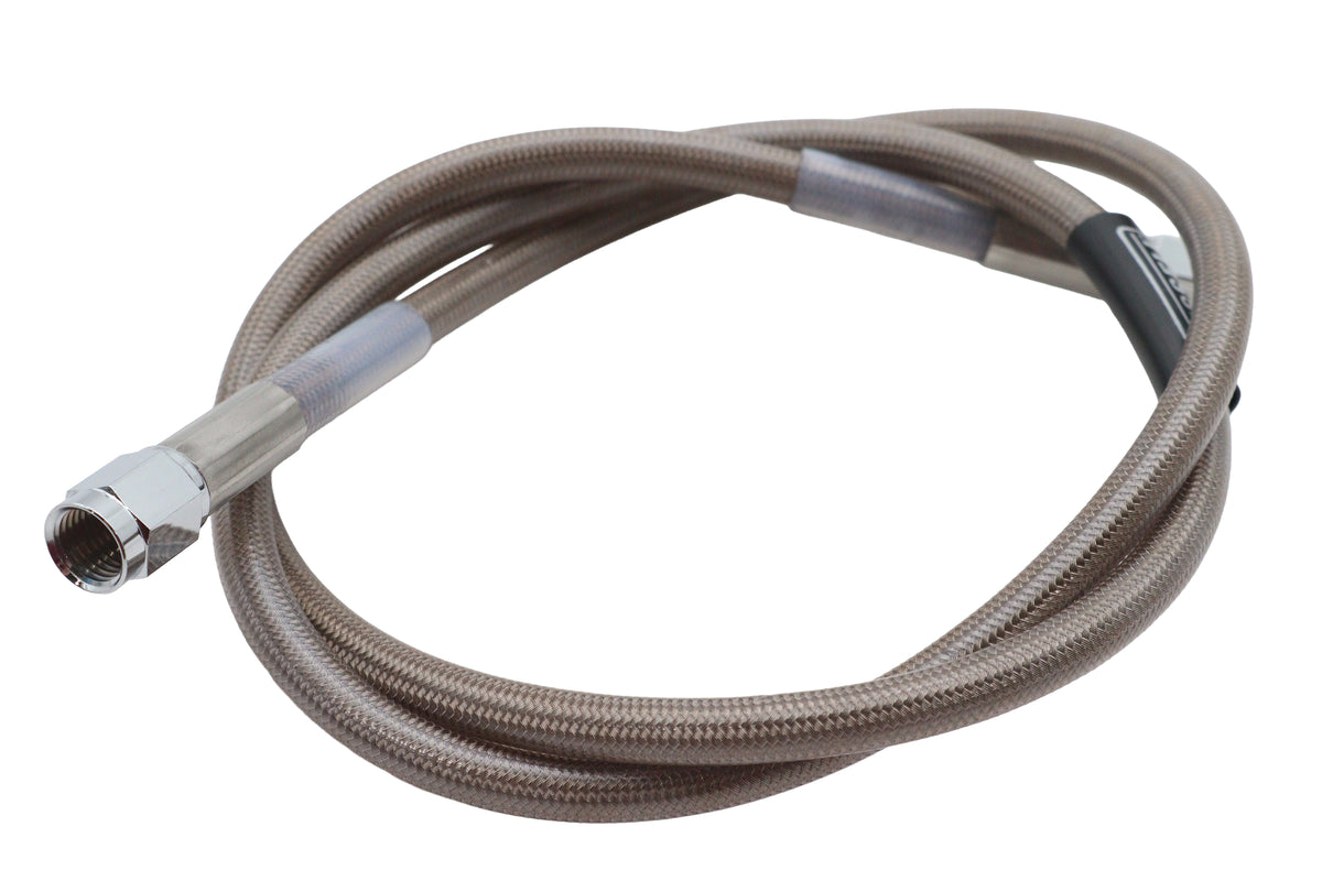 Edelbrock R58342S 36-inch stainless steel brake hose coiled on a white background