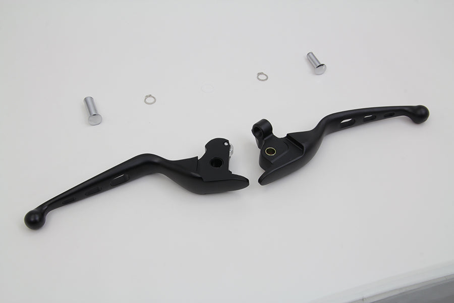 MCM 053809 black drilled hand lever set, handlebar control viewed close up