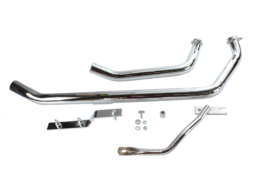 Paughco 730D2 stacked upsweep header set for motorcycle exhaust, polished metal pipes shown from side view
