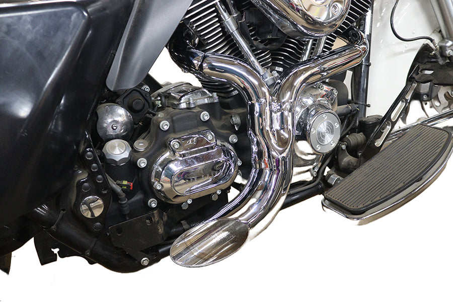 Wyatt Gatling 1938 Ground Pounder chrome exhaust system with dual pipes bent for motorcycle fitment