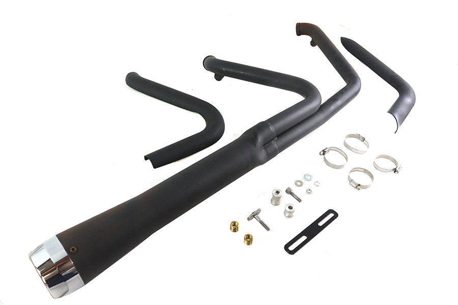 V-Twin Wyatt Gatling Holeshot exhaust set in black, motorcycle exhaust pipes visible from side view