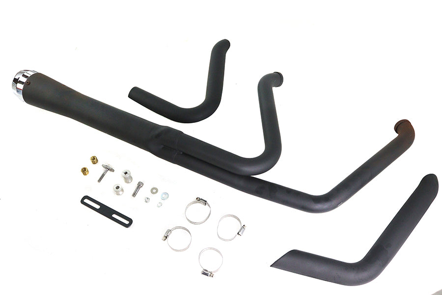 V-Twin Wyatt Gatling Holeshot exhaust set in black, shown as a dual motorcycle exhaust system