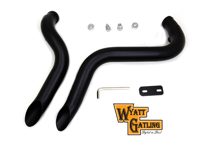 V-Twin Wyatt Gatling down draft exhaust header set, chrome dual pipes with flared tips