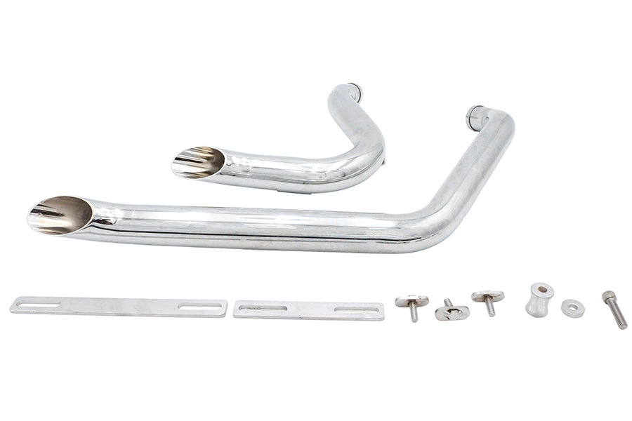 V-Twin stacked short goose-style drag pipe exhaust set in chrome finish