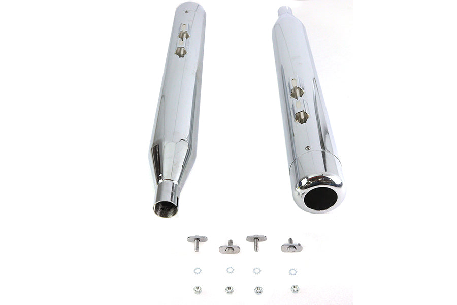 V-Twin 3705 4-inch muffler set with chrome hollow point end tips, exhaust view