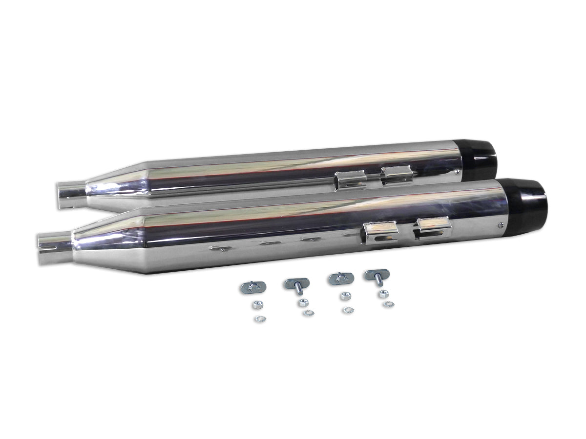 V-Twin 1467A chrome muffler set with black medium tapered end tips, exhaust parts