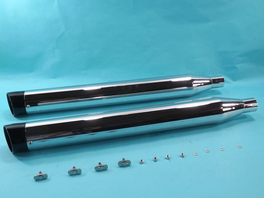 V-Twin chrome muffler set with slash-cut end tips for motorcycle exhaust