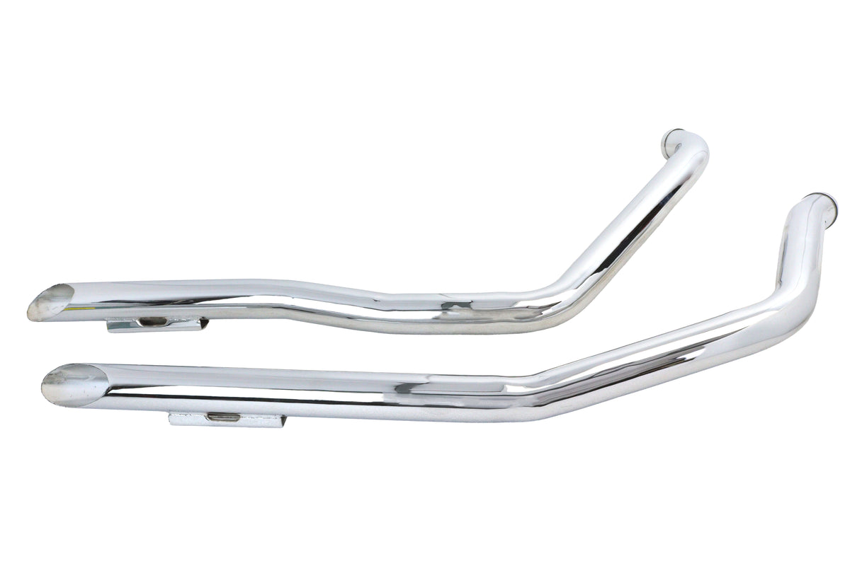 Ultima 60-209 FXR chrome drag pipe exhaust set, motorcycle pipes shown from side view