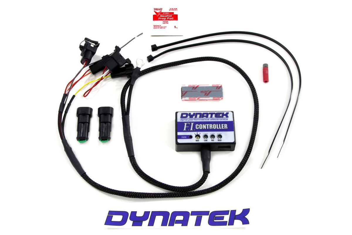 Dyna Tek DFCH-13 EFI controller for motorcycle fuel and air system, black module with wiring connectors