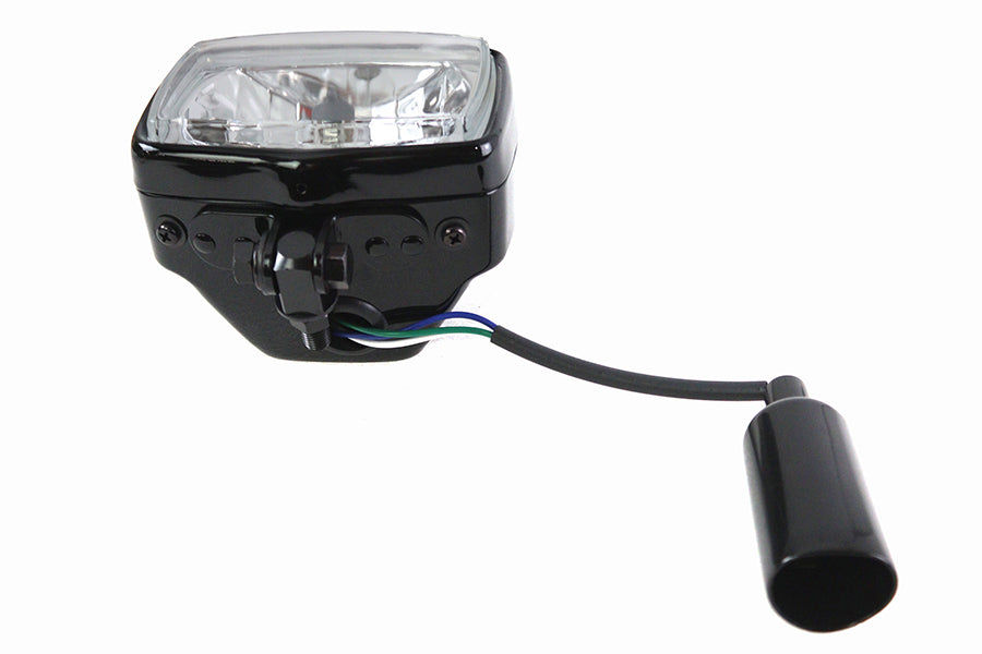 V-Twin 83097B 12 Volt black chopper rectangular headlamp close-up