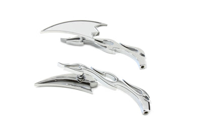 Wyatt Gatling Crescent Mirror Set with Billet Flame Stems, chrome motorcycle mirrors