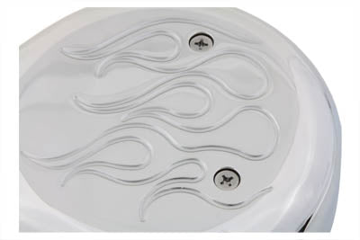 Wyatt Gatling chrome teardrop air cleaner with flame accents for motorcycle fuel and air systems