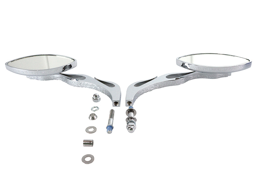 Wyatt Gatling Druid oval flame-style billet stem mirror set, chrome finish