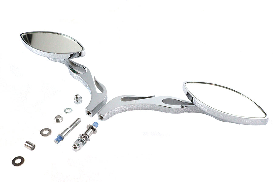Wyatt Gatling Druid oval flame style billet stem mirror set with detailed metal stems