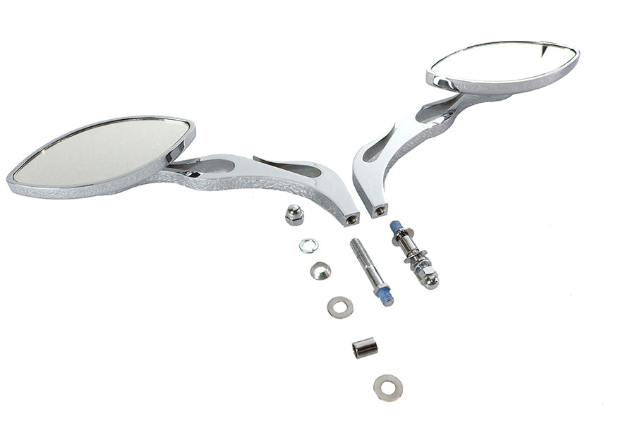 Wyatt Gatling Druid oval flame style billet stem mirror set, chrome motorcycle mirrors