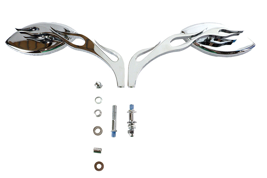 Wyatt Gatling Druid oval flame-style billet stem mirror set with polished metal finish