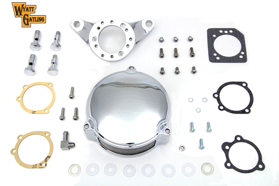 V-Twin Chrome Wyatt Gatling air cleaner assembly for motorcycle fuel and air system, model 34-0840