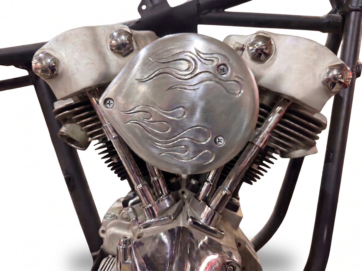 V-Twin teardrop flame air cleaner cover in natural alloy finish for motorcycle fuel and air system