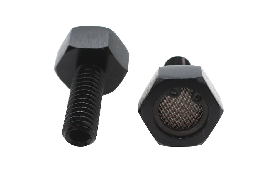 V-Twin M8 breather bolt set with screen in black finish for motorcycle engine ventilation