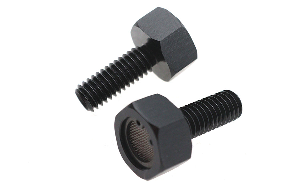 V-Twin M8 breather bolt set with screen in black finish for motorcycle engine ventilation