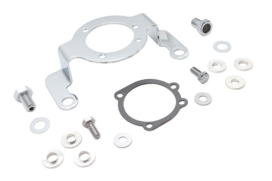 V-Twin Evolution carburetor support kit with chrome breather bolt 34-2562 visibly arranged for installation