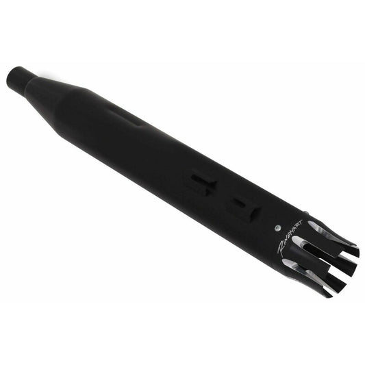 Rinehart Racing 4-inch mufflers with Indian black and black castle tips, pair shown from side angle