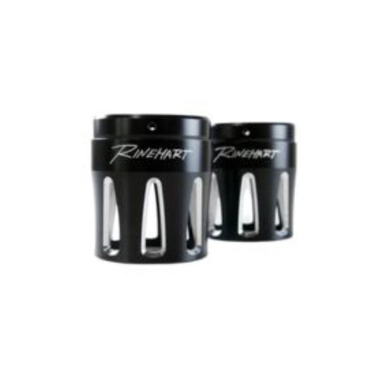 Rinehart Racing 4-inch mufflers with Indian black and chrome merge tips for motorcycle exhaust systems