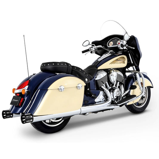 Rinehart Racing 4-inch mufflers with Indian black and black merge tips