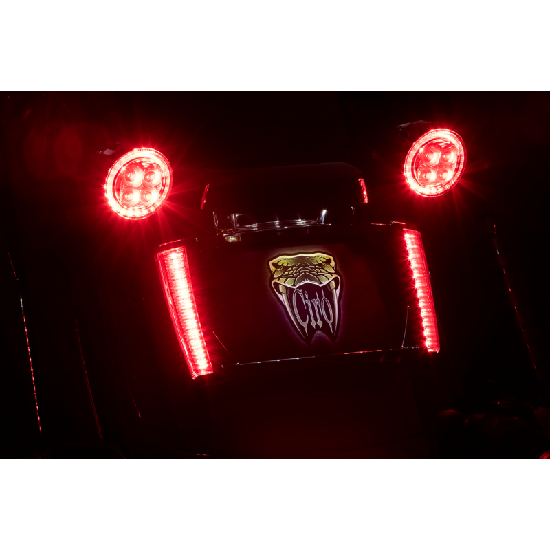 CIRO LLC Frame LP with LEDs in black and red, motorcycle license plate frame and lighting detail