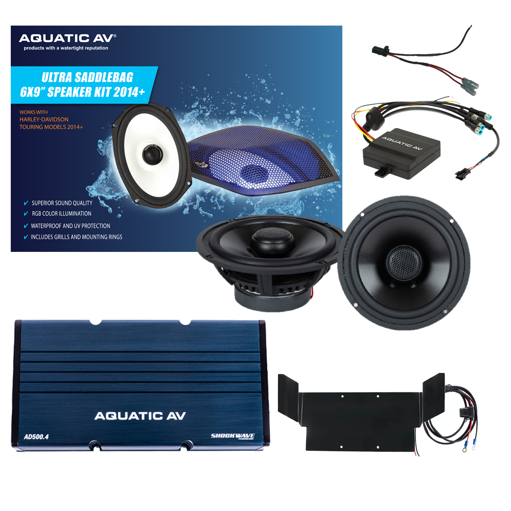 AQUATIC AV 600 WATT AMP SPEAKER KITS HARLEY DAVIDSON BAGGERS