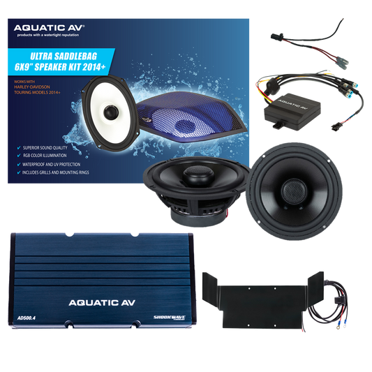 AQUATIC AV 600 WATT AMP SPEAKER KITS HARLEY DAVIDSON BAGGERS