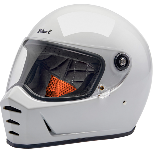 Biltwell Lane Splitter helmet in glossy white, motorcycle helmet with sleek design and clear face shield.