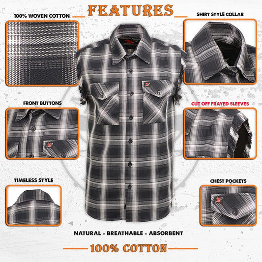 MILWAUKEE LEATHER SLEEVELESS BLK/WHT FRAYED FLANNEL SHIRT - The Speed Shop Canada